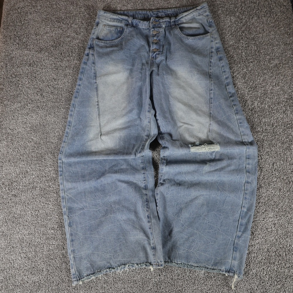 MANFINITY Men's XXL Light Wash Baggy Jeans Distressed Button Fly Raw Hem